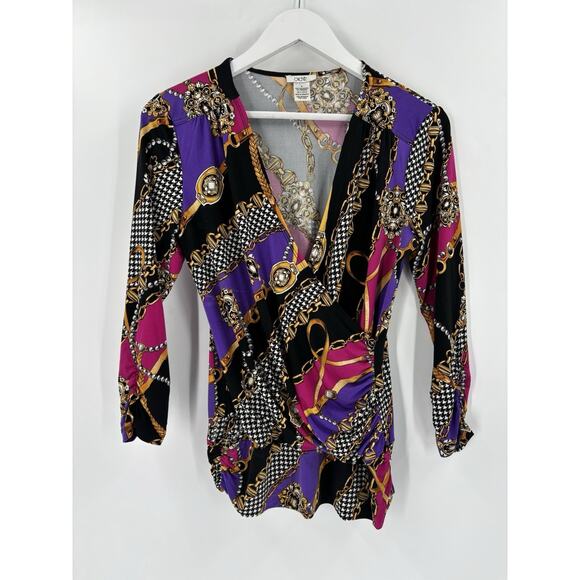 Cache Blouse Womens Medium Multicolor Chain Print Houndstooth Ruched Faux Wrap - Picture 1 of 16